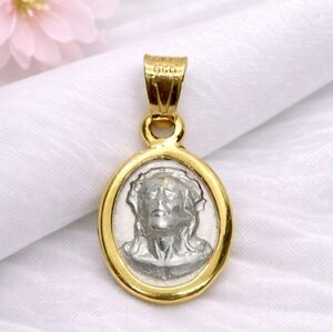 Jesus Religious Pendant Charm 925 Mex. Sterling Silver w/ 10K Gold Plated Border